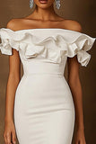 White Satin Off the Shoulder Modi Engagement Dress with Ruffles