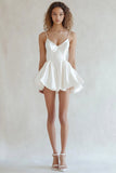 Ivory Satin Spaghetti Straps Mini Graduation Dress with Ruffles