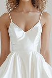 Ivory Satin Spaghetti Straps Mini Graduation Dress with Ruffles