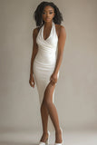 White Halter Asymmetrical Satin Engagement Dress
