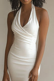 White Halter Asymmetrical Satin Engagement Dress