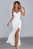 White Spaghetti Straps Mermaid Chiffon Engagement Dress with Slit