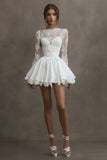 White Satin Bateau Neck Long Sleeves Mini Graduation Dress with Lace