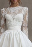 White Satin Bateau Neck Long Sleeves Mini Graduation Dress with Lace