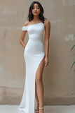 White Satin Asymmetrical Mermaid Long Engagement Dress