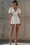 Sparkly White Short Sleeves V-Neck Mini Graduation Dress