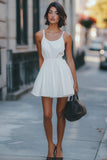 White Satin Scoop Neck Mini A Line Graduation Dress