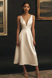 White Satin V-Neck Long A Line Engagement Dress