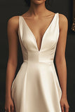 White Satin V-Neck Long A Line Engagement Dress