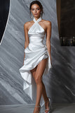 White Halter Asymmetrical Satin Graduation Dress