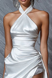 White Halter Asymmetrical Satin Graduation Dress