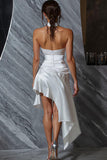 White Halter Asymmetrical Satin Graduation Dress