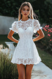 White Lace A Line Short Sleeves Mini Graduation Dress