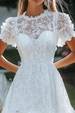 White Lace A Line Short Sleeves Mini Graduation Dress