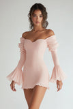 Pink Chiffon Long Sleeves Mini Graduation Dress with Ruffles