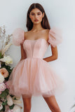 Pink Puff Sleeves Tulle Mini A Line Graduation Dress