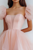 Pink Puff Sleeves Tulle Mini A Line Graduation Dress