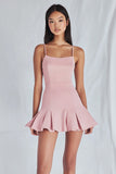Pink Spaghetti Straps Mini A Line Satin Graduation Dress with Ruffles