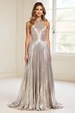 Silver Metallic Ruched Maxi Prom Dress with Keyhole