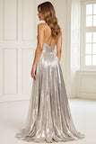 Silver Metallic Ruched Maxi Prom Dress with Keyhole