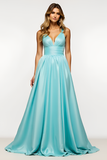 Mint A Line V-Neck Backless Satin Maxi Prom Dress