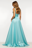 Mint A Line V-Neck Backless Satin Maxi Prom Dress