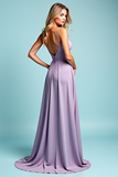 Lilac Ruched A Line Backless Maxi Prom Dress with Slit