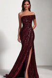 Sparkly Burgundy Sequin One Shoulder Maxi Prom Dress with Slit