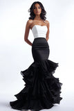 Black and White Mermaid Tiered Maxi Prom Dress with Ruffles