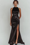 Black High Neck Mermaid Satin Maxi Prom Dress with Slit