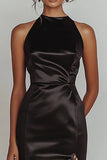 Black High Neck Mermaid Satin Maxi Prom Dress with Slit
