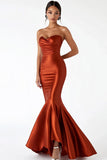 Rust Satin Sweetheart Ruched Mermaid Long Prom Dress