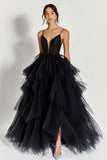 Sparkly Black Beaded Tulle Ball Gown Maxi Prom Dress with Ruffles