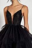 Sparkly Black Beaded Tulle Ball Gown Maxi Prom Dress with Ruffles