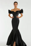 Black Off the Shoulder Mermaid Maxi Prom Dress with Bows
