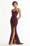 Elegant Rust Strapless Long Mermaid Prom Dress with Slit