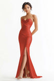 Elegant Rust Strapless Long Mermaid Prom Dress with Slit