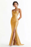 Elegant Rust Strapless Long Mermaid Prom Dress with Slit