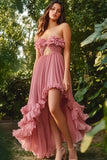 Dusty Rose Asymmetrical Ruched Prom Dress with Ruffles