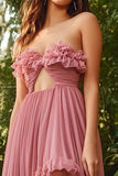 Dusty Rose Asymmetrical Ruched Prom Dress with Ruffles