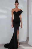Black Mermaid One Shoulder Maxi Prom Dress with Slit