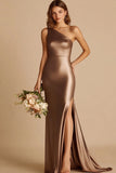Coffee One Shoulder Mermaid Satin Maxi Prom Dress with Slit