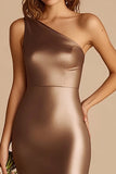 Coffee One Shoulder Mermaid Satin Maxi Prom Dress with Slit