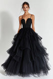 Black Tulle Tiered Ball Gown Maxi Prom Dress with Ruffles