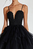 Black Tulle Tiered Ball Gown Maxi Prom Dress with Ruffles