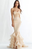 Champagne Mermaid Ruched Maxi Prom Dress with Ruffles