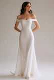 Sparkly White A Line Off the Shoulder Maxi Prom Dress