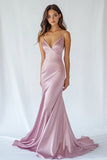 Pink Satin Spaghetti Straps Mermaid Maxi Prom Dress