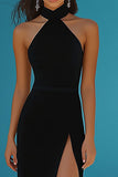 Black High Neck Maxi Prom Dress with Slit