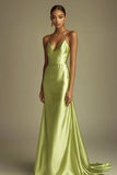 Lemon Green Satin Spaghetti Straps Maxi Prom Dress